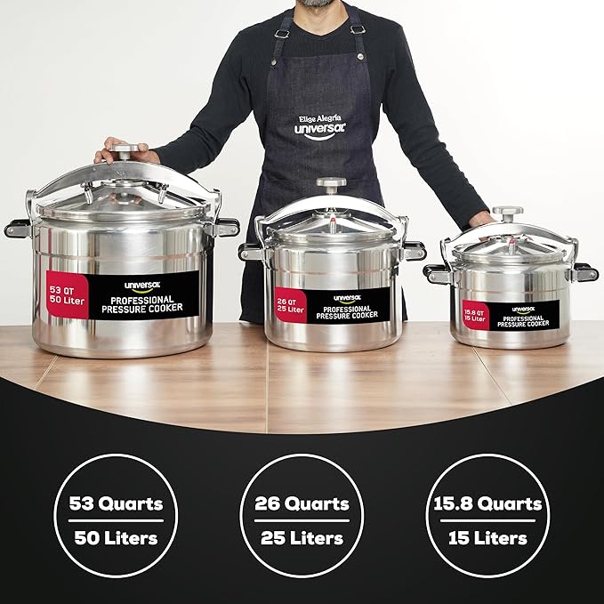 Universal (Large) 15.8-Quart Aluminum Pressure Cooker for Professional Use – Commercial-Grade, 1 Safety Valve, Reinforced Handles, Easy-Open Lid, – Ideal for Large Kitchens, and Restaurants
