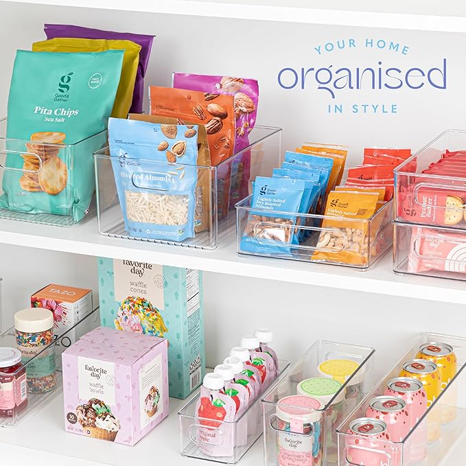 primebox Plastic Food Storage Clear Container 2 Pack Bin with Handles for Organizing Kitchen, Pantry, Refrigerator, Freezer, Pantry, Cabinet, Closet, Bathroom. Stackable 10”x4”x3”