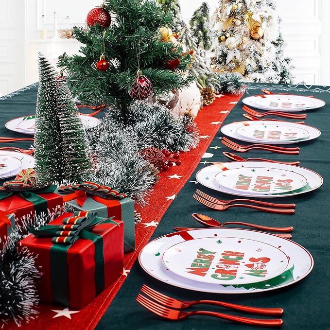 WELLIFE 60pcs Christmas Plates-30 Plastic Green Monster Dinner Plates and 30 Green Monster Dessert Plates,Red and green Plastic Plates with Christmas Tree Patterns