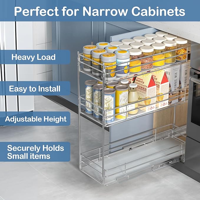 ROOMTEC Pull Out Spice Rack for Narrow Cabinet (7" W X 20½" D),3 Tier Heavy Duty Sliding Spice Cabinet Organization Shelf Racks, Pull Out Shelves Under Cabinet Storage for Kitchen