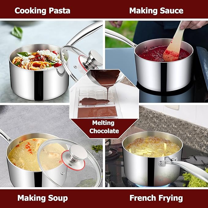 2 Quart Saucepan with Lid, Homikit 2QT Tri-Ply Stainless Steel Sauce Pan with Ergonomic Handle, Heavy Bottom Small Pot for Kitchen Cooking, Compatible with All Cooktops for Boiling Eggs Warming Milk