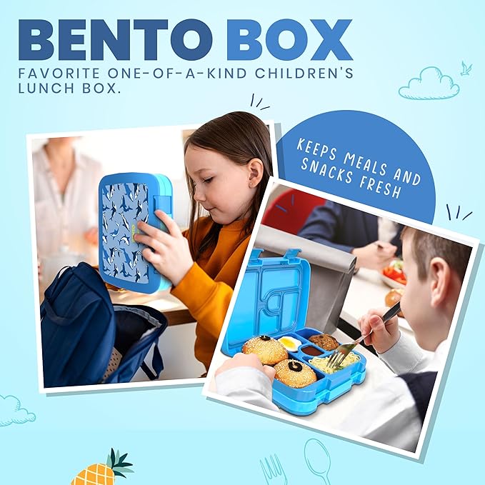 YOLAY Bento Box for Kids Lunch Box Leak-Proof, 5-Compartment Lunch Box Kids for Ages 3-10, Durable with Anti-Slip Base, Suitable for Schools, Outdoor and Travel (Mermaid) (Shark)