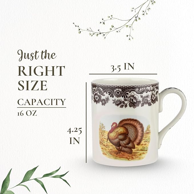 Spode Woodland Turkey 16 oz Mug - Fine Porcelain with Historic Brown Floral Border, Thanksgiving Drinkware for Hot Beverages - Microwave, Oven & Freezer Safe, British Country-Inspired Design
