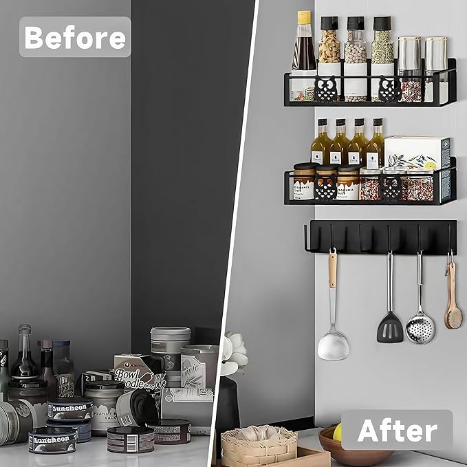 Magnetic Spice Rack for Refrigerator Organizers and Storage,Strong Magnet Metal Moveable No Drilling 3 Pack,Space Saving Kitchen Organization Kitchen Shelf with Hooks(Black,Owl)