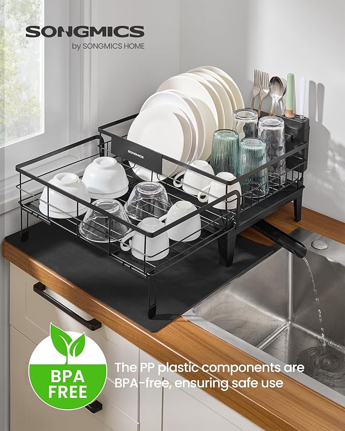 SONGMICS Dish Drying Rack, Kitchen Dish Rack, with Drainboard, 360° Rotatable and Extendable Spout, with Cutlery Holder, 12.2-22 x 16.5 x 7.9 Inches, Ink Black UKCS552B01