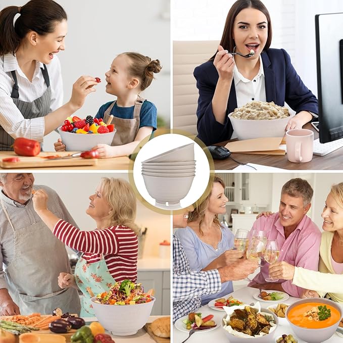 34 Oz Large Cereal Bowls, Unbreakable Lightweight Plastic Soup Wheat Straw Bowls Set of 8 Reusable, Microwave Dishwasher Safe BPA-Free for Snack Salad Kitchen Camping, Beige