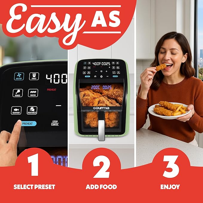 Gourmia Air Fryer 7 QT - Easy View Panoramic Window & Interior Light, Guided Cooking with 12 One-Touch Presets, FryForce 360, Dishwasher Safe Accessories, Green