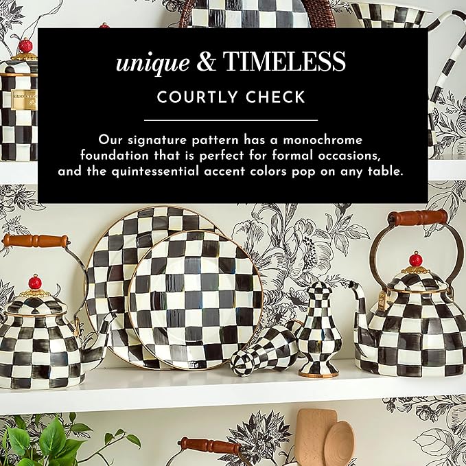 MACKENZIE-CHILDS Enamel Tea Party Set, Unique Teapot and Teacups, Tea Accessories Set, Black-and-White Courtly Check