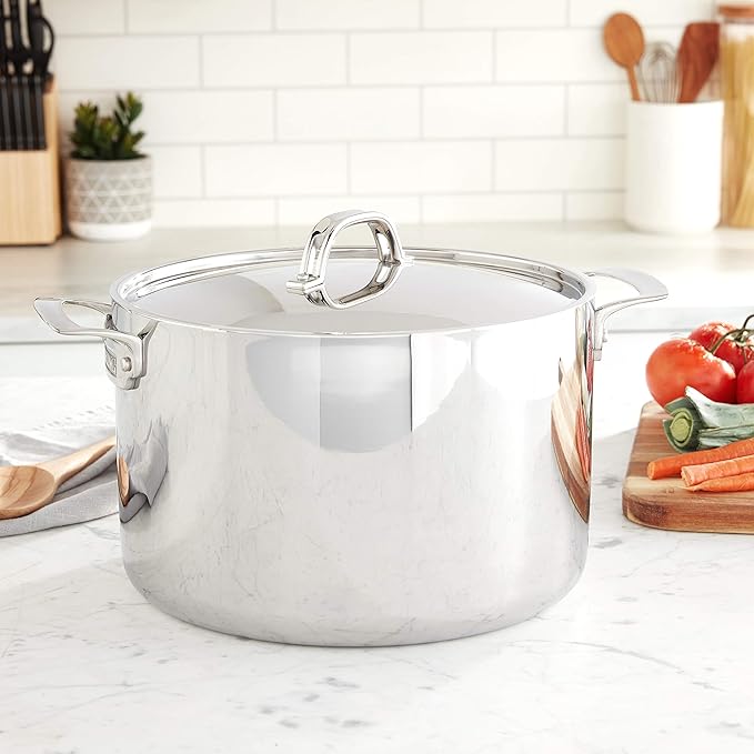 Viking 3-Ply Stainless Steel Stock Pot, 12 Quart Soup Cooking Pot with Lid, Kitchen Cookware, Dishwasher and Oven Safe, Induction Ready, Silver