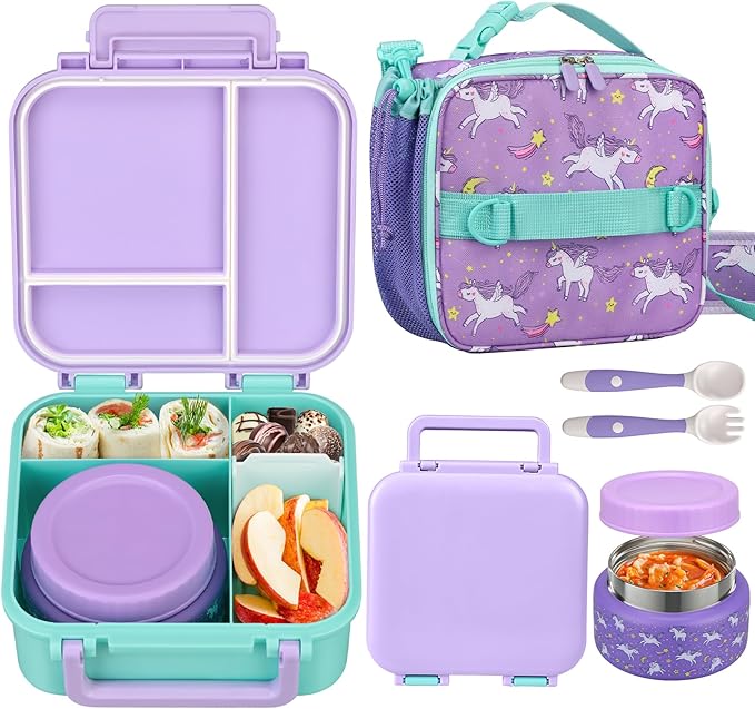 Kids Lunch Box Set with Bento Box, 9oz Stainless Steel Thermos & Insulated Lunch Bag – Hot & Cold Leakproof Lunch Container with Utensils for School & Travel