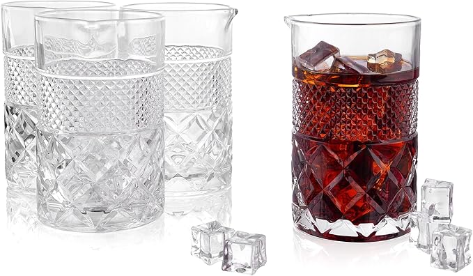 4-pack Cocktail Mixing Glass - 21oz Lead-Free Hand Blown Barware with Professional Bartender Kit - for Martini, Manhattan, Old Fashioned - Premium Home Bar Gift for Wedding Anniversary Birthday