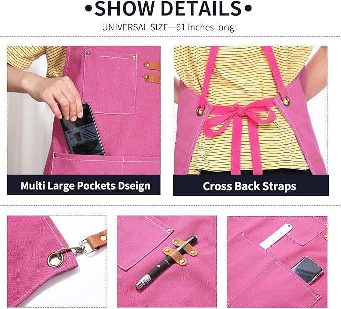 ZOMAO Apron for Women,Baking Kitchen Cooking Apron with Pockets, Cotton Canvas Cross Back Apron with Adjustable Strap and Large Pockets,BBQ Drawing Crafting Aprons for Women Chef (Pink)