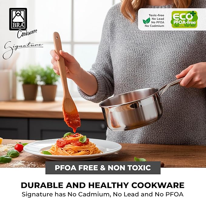 BRA COOKWARE Signature Stainless Steel Sauce Pot w/Glass Lid | 6.3 Inch 1.2 Quart Professional Grade Saucepan | PFOA Free Warming Pot | All Cooktops | All Cooktops (incl. Induction) & Oven Safe