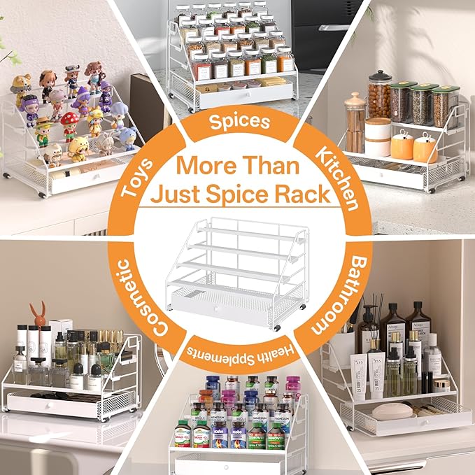 Spice Rack Organizer with Drawer: 5 Tier Spice Organization for Cabinet, Depth Adjustable Metal Shelf for Kitchen Countertop, Cupboard, Pantry, Holds Seasoning and Condiments (White)