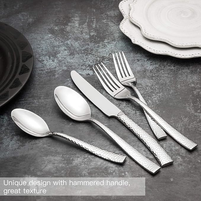 Silverware Set Flatware Set Hammered Pattern Stainless Steel Cutlery Set Silver Mirror Polished 40 Pieces Service for 8