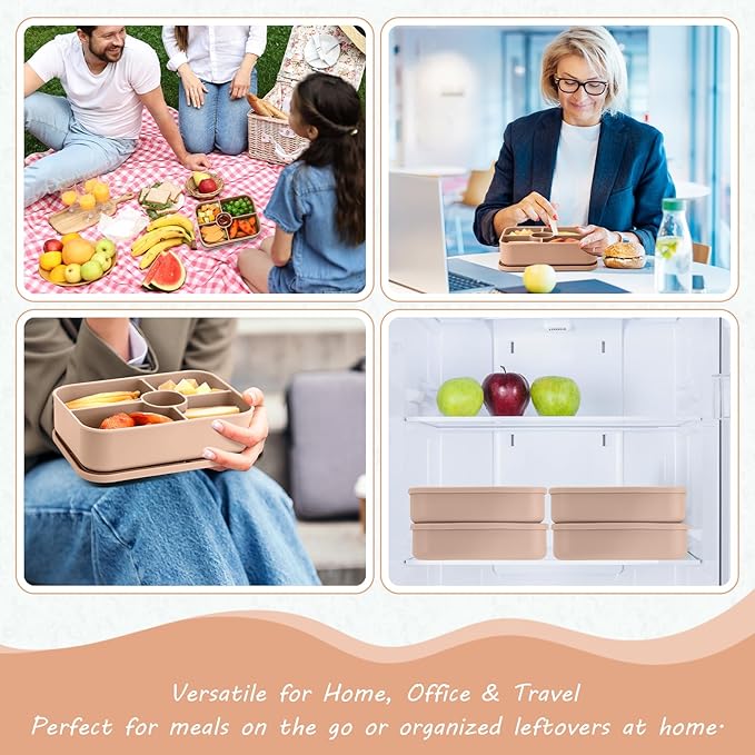 4 Pack Silicone Bento Boxes for Adults, 5 Compartment Reusable Lunch Containers with Sauce Section, Leakproof Meal Prep Snack Box Microwave & Dishwasher Safe for Work School Office(Khaki)