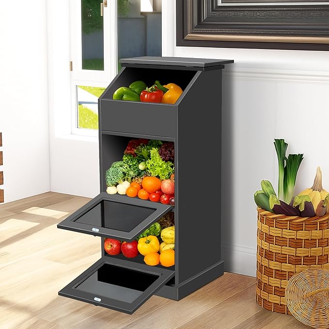 Potato Storage Bin, 3-Tier Potato and Onion Storage Bin with Lid, Wooden Bread Box for Fruit and Vegetable,Food Storage Containers for Kitchen Pantry (Black)