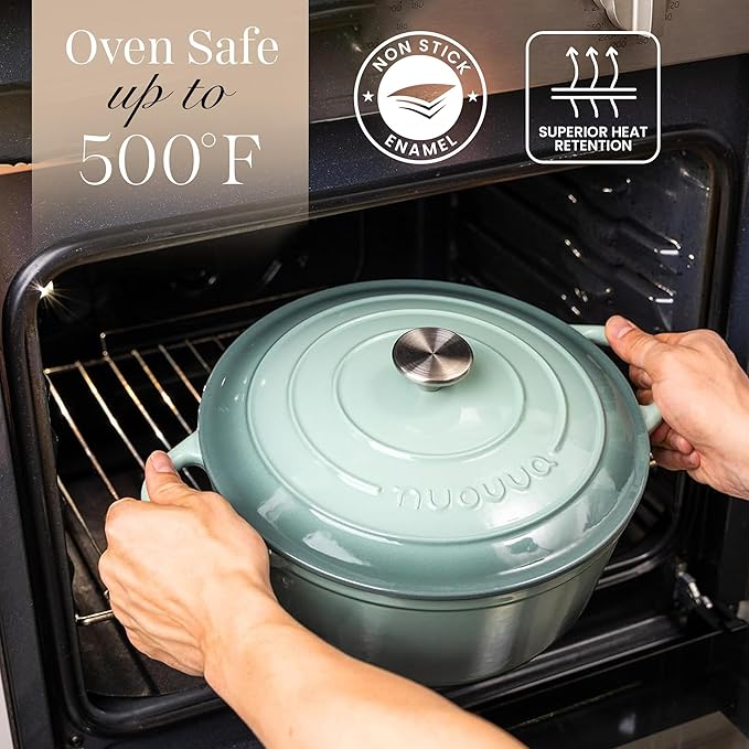 Nuovva Enamelled Cast Iron Dutch Oven Pot with Lid 6.4 Quart Non Stick Casserole Pot – Heavy Duty & Oven Safe up to 500° F for Bread Baking, Braising, Stews, Roasting – 28cm Sea Salt