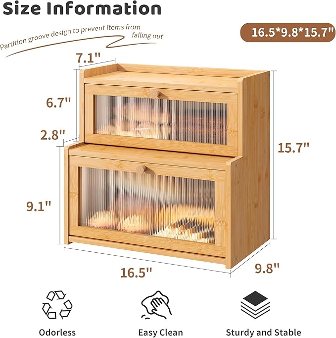 FILWH Bread Box for Kitchen Countertop Double Layer Large Corner Bread Box Capacity Bread Storage Bin Farmhouse Breadbox Container Organizer Cabinet Cupboard Nature
