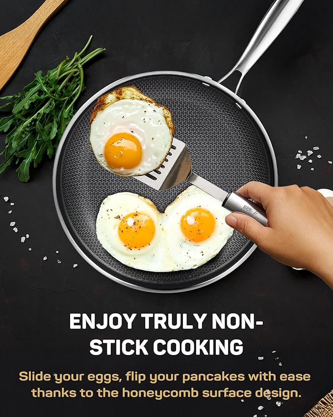 Stainless Steel Nonstick Frying Pan, Hybrid Ceramic 10-Inch Frying Pan, Stay-Cool Handle, PFAS & PFOA PTFE Free, Dishwasher & Oven Safe, Scratch-Resistant, Compatible with Induction & All Cooktops
