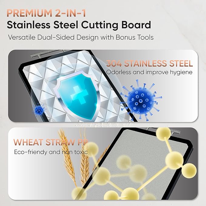Stainless Steel Cutting Board, Heavy Duty Large 16”×11” 2-in-1 Double Sided Chopping Board for Kitchen, Food Grade Non Toxic Wheat Straw PP & Steel Surfaces, for Meat/Vegetables, Dishwasher Safe