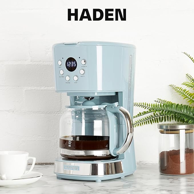 Haden Brighton Coffee Machine, 12 Cup Programmable Drip Coffee Maker with Auto Shut-Off Function and Reusable Washable Water Filter, Sky Blue & Chrome