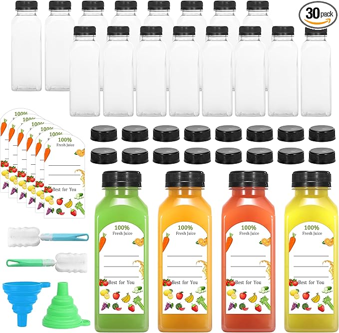 30Pcs 12 Oz Plastic Juice Bottles with Caps,Clear Reusable Water Bottle & Tamper Proof Lids,Juice Containers,Juicing Bottles for Fruit Juice,Smoothies,Coffee - Food Grade & Travel Bottle (30)