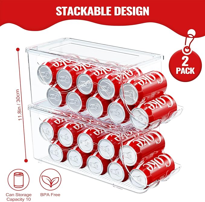 Stackable Refrigerator Organizer, Soda Can Dispenser Pop Cans Container Beverage Holder with Lid for Fridge, Freezer, Kitchen, Clear Plastic Storage Bins-Holds 10 Cans Each (Clear)