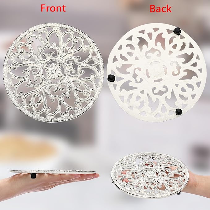 Sumnacon Cast Iron Trivet Retro White 6.7 Inch Iron Trivets with Rubber Feets for Hot Dish Pot Pan Plate Teapot,Heat Resistant Cast Iron Trivet for Kitchen Dining Table Cooktop Stove