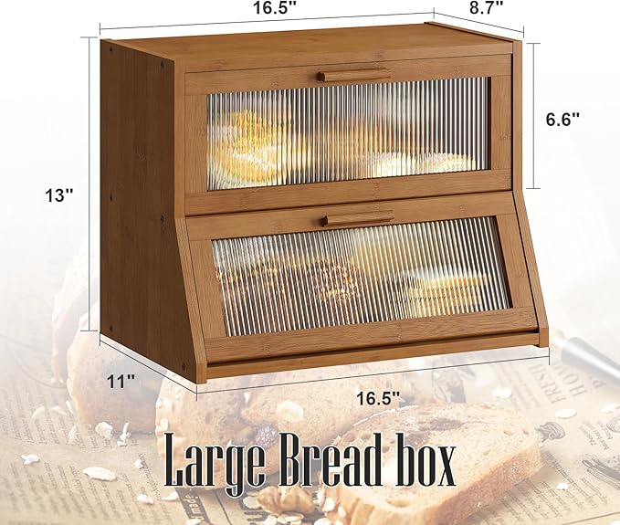 GHWIE Double Layer Bamboo Bread Box for Kitchen Counter,Large Capacity Bread Storage Bin,Bread Container with Acrylic Wavy Door Panel (Brown, Medium)