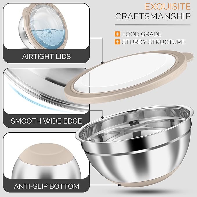 HaWare Mixing Bowls, 24-Piece Stainless Steel Salad Serving Bowl with Airtight Clear Lids, Metal Nesting Bowl For Kitchen Cooking Prepping Storing with 3 Graters, 4.6/2.6/1.5/1/0.7 QT, Khaki