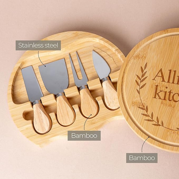 Custom engraved luxury charcuterie board & knife set/4pcs, personalized cheese chopping serving tray for fruit, food, dessert for table decoration, personalized gift for host (Your text inside leaves)