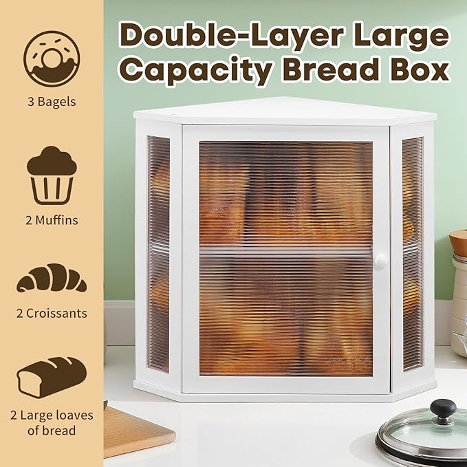 Corner Bread Box for Kitchen Countertop - Bamboo Large Capacity Bread Storage Bin with Acrylic Wavy Door Panel,Bread Box (White,Extra Large)