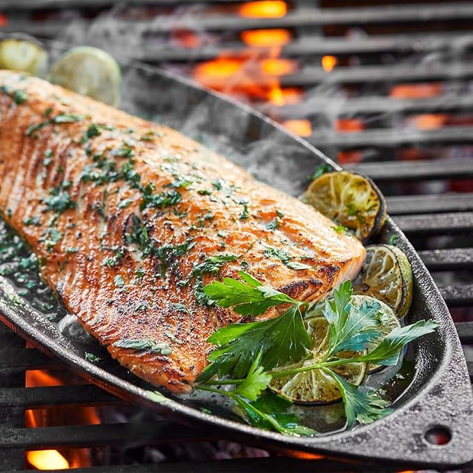 Sur La Table Cast Iron Fish Pan – Pre-Seasoned Grill-to-Table Cookware for Whole or Filleted Fish, Decorative Shape, Even-Heating, Outdoor Grill