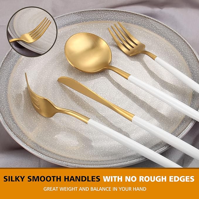 Matte White Gold Silverware Set, Oliviola 40-Piece Stainless Steel Flatware Cutlery Set Service for 8, Satin Finish Kitchen Utensil Set, Dishwasher Safe