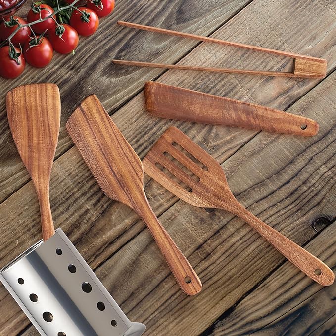OOZi 6-Piece Acacia Wood Cooking Spatula Set – Flip, Stir & Serve Effortlessly with Turner, Tongs, Scraper & Stainless Holder