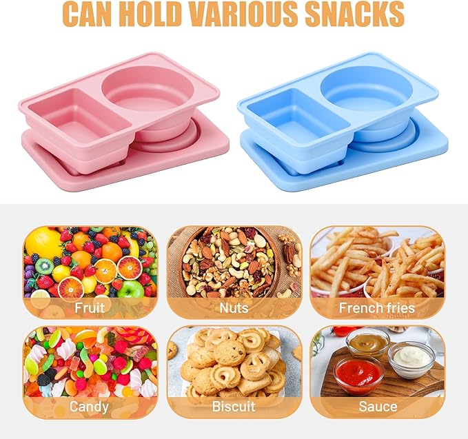 2 Pack Reusable Snack Containers with Lids, Silicone Double Compartment Snack Box Container, Small Mini Snack Pack Containers for Travel, Picnic, Work