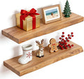 Fun Memories 24Inch Floating Shelves Set of 2, Rustic Solid Elm Wood Live Edge Floating Shelves, Invisible Bracket Mount for Living Room, Kitchen, Bathroom - Natural
