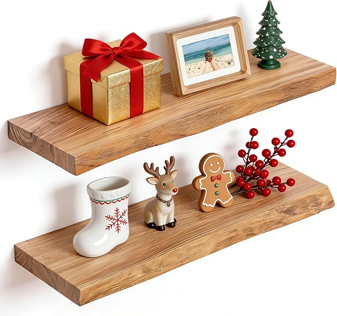Fun Memories 24Inch Floating Shelves Set of 2, Rustic Solid Elm Wood Live Edge Floating Shelves, Invisible Bracket Mount for Living Room, Kitchen, Bathroom - Natural