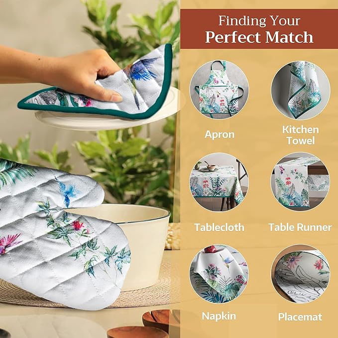 Maison d' Hermine 100% Cotton Oven Mitt & Pot Holder Set (7.5"x13" & 8"x8") Heat Resistant BBQ Cooking Gloves with Loop, Baking, Grilling, Kitchen, Handling Hot Pans Spring/Summer (Tropiques)