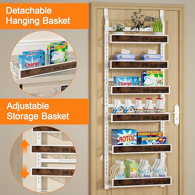 Over The Door Pantry Orangizer,6 Tier Wall Mounted or Hanging Spice Rack with Adjustable Wood Basket,Metal Heavy Duty Behind Door Storage Shelf for for Kitchen Pantry and Bathroom