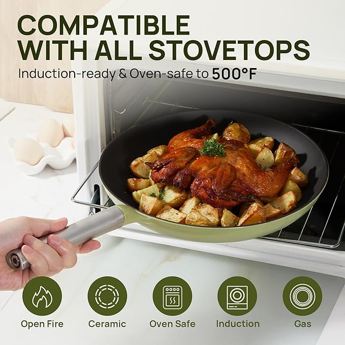 KOKHUB Non Toxic Frying Pan Set 3 Piece, 8" 9.5" 11" Non Stick Titanium Enamel Cast Iron Skillets, PFOA/PFAS Free Cooking Pans, Dishwasher & Oven Safe, All Cooktops Compatible, Sage Green