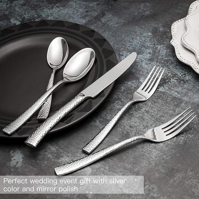 Hand Forged Stainless Steel Flatware Set Silverware Set Cutlery Set Hammered Pattern 5 Pieces Service for 1