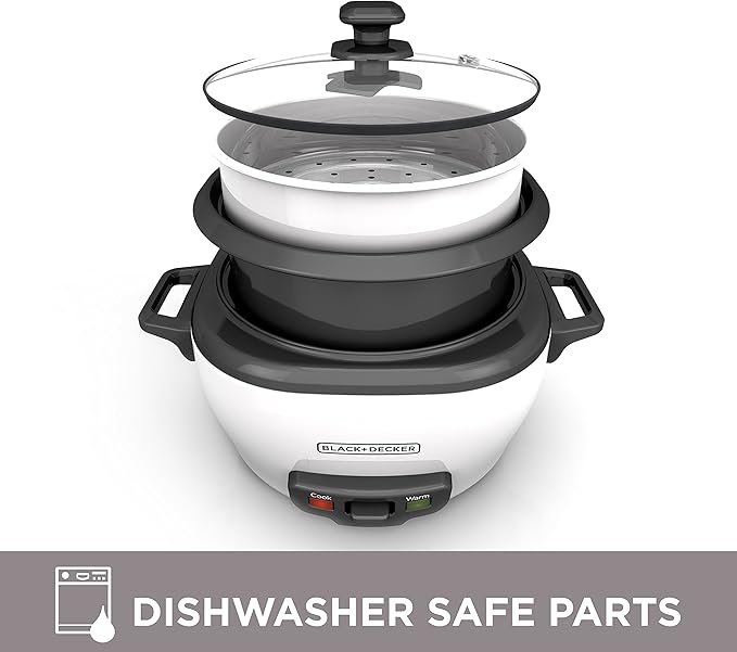 BLACK+DECKER Rice Cooker 6-Cup (Cooked) with Steaming Basket, Removable Non-Stick Bowl, White