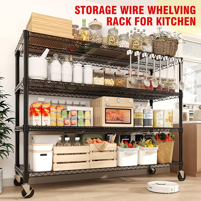 59" W Storage Shelves 2640LBS Heavy Duty Garage Shelving Units with Wheels and Adjustable Shelf, 4-Tiers Wire Shelving Rack for Garage Pantry Kitchen Warehouse Industrial