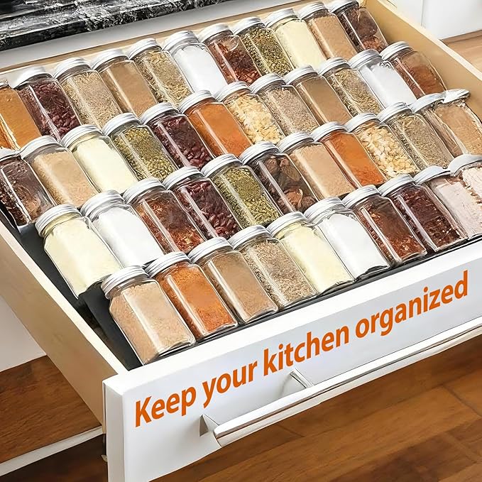 Spice Drawer Organizer, 4 Tier- 2 Pack Drawer Seasoning Organizers, Kitchen Spice Rack Tray Expandable From 12" to 24", Black Spice Rack Insert for Cabinet Countertop(Jars Not Included)