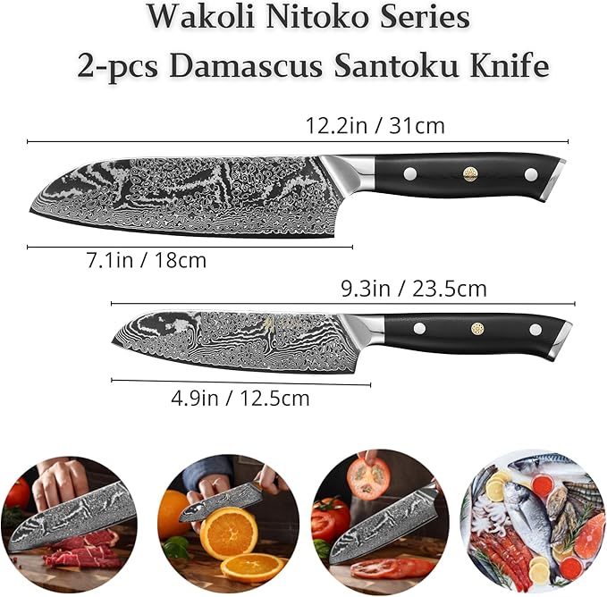 Wakoli Nitoko 2-Piece Kitchen Knife Set – Professional Damascus Chef Knives | 67-Layer VG10 Core Steel | Ergonomic G10 Handle | Santoku Knife & Small Santoku in Wooden Gift Box