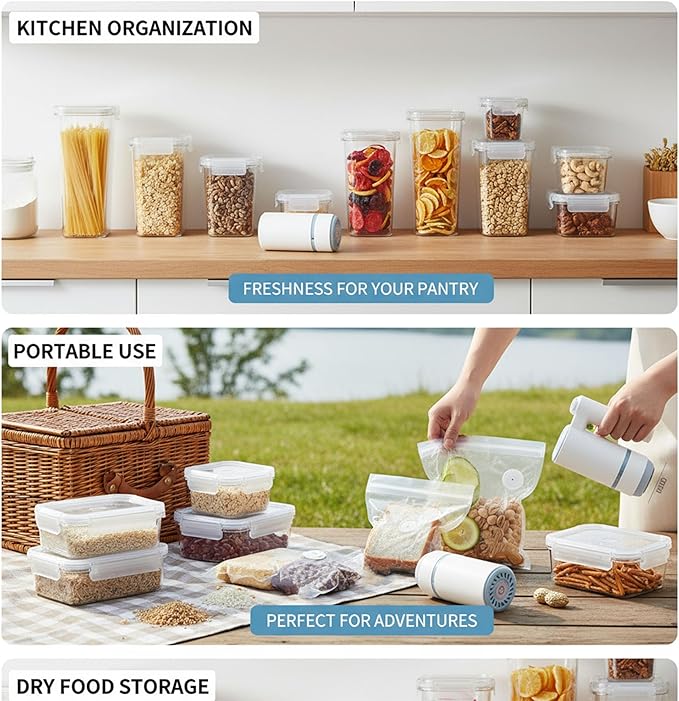 Vacuum Container,Vacuum Seal Containers,4pcs Airtight Food Storage Containers with Lids,8pcs Food Vacuum Bags/ 1pc Automatic Pump,for Kitchen and Pantry Organization (Rectangula)