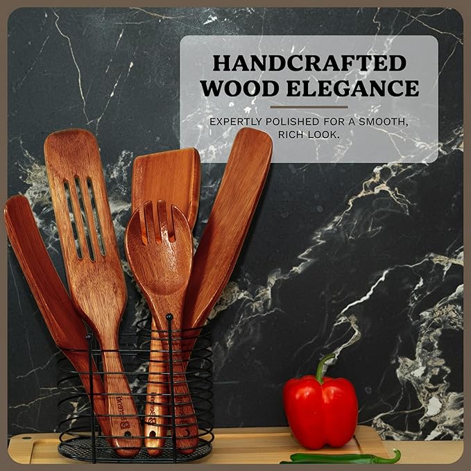 100% Natural Acacia Wooden Cooking Utensils Set - 10 Pcs Wooden Spurtle Set - Spurtles Kitchen Tools As Seen On TV Paddle - Safe for Nonstick Cookware - Stirs Like a Spoon, Flips Like A Spatula