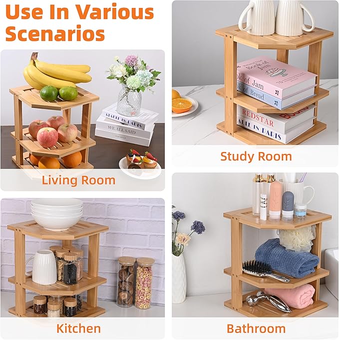 Bamboo Kitchen Cabinet Organizer, 3 Tier Spice Rack Organizer for Cabinet, Space-Saving Spice Corner Shelf, Multi-Purpose Kitchen Counter Shelf for Spices, Plates, Fruits, Bread and Canned